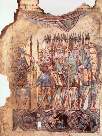 السيدة لات 1390 fol.7v جنود القدم في الحروب الصليبية ، من La Vie de Saint Aubin dAngers بواسطة المدرسة الفرنسية