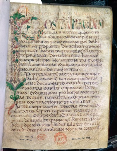 السيدة لات 1598 Fol.1 زومورفيك مؤرخة P الأولية ، من عمل سانت أوغسطين (354-430) بواسطة المدرسة الفرنسية