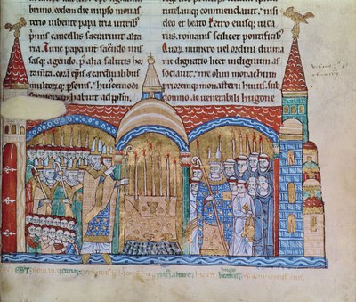 السيدة Lat 17716 fol.91 تكريس الكنيسة في كلوني من قبل البابا أوربان الثاني (1042-99) في نوفمبر 1095 بواسطة المدرسة الفرنسية