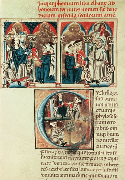 السيدة لات. 6912 fol.1v عالم يهودي يقدم ترجمة لرسالة عربية إلى فيليب دانجو بواسطة المدرسة الفرنسية