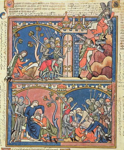 السيدة م 638 ، الورقة ١٥ و. شمشون ودليلة ، من كتاب مورغان المصور ، c.1244-54 بواسطة المدرسة الفرنسية