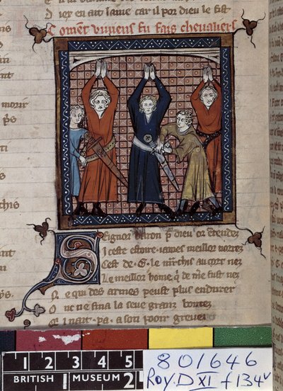 السيدة روي 20 D XI fol.134v Vivian وآخرون يؤدون القسم ، من "Chansons of Guillaume d