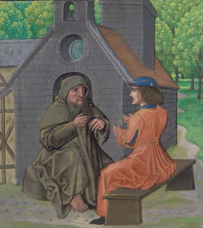 السيدة Royal 14 E. 11 ، f.338 The Hermit يوجه الفارس ، من "Chemin de Valliance ويعمل في الشعر والنثر الفرنسيين" ، حوالي 1475 (ورق) بواسطة المدرسة الفرنسية