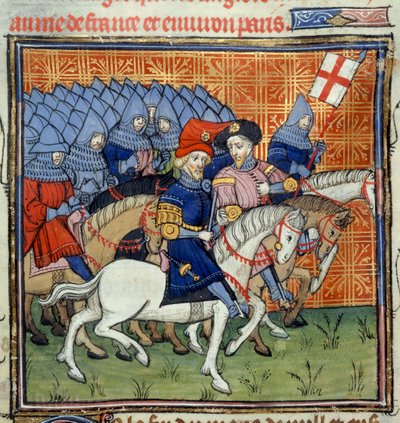 السيدة Royal 20 C. VII، f.186 جيش إنجليزي مع لافتة ، من "Chroniques de France ou St. Denis" (رق) بواسطة المدرسة الفرنسية