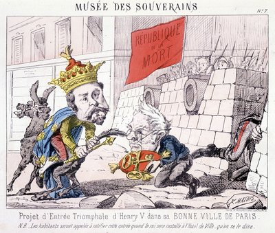 Musée des Souverains - مشروع للدخول المظفّر لهنري الخامس إلى مدينته الطيبة في باريس (سلّمه تيير مفاتيح باريس التي يدافع عنها المواطنون الذين يحملون علمًا مكتوبًا عليه "République ou la mort"). بواسطة المدرسة الفرنسية