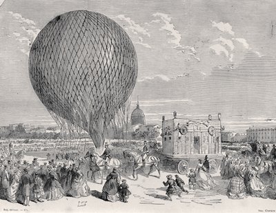 بالون Nadars ، Le Géant يجري تحضيره في Champ de Mars ، باريس لأول رحلة لها في 4 أكتوبر 1863 ، رسم توضيحي من Paris a Travers Les Siecles: Tome 5 ، 1889 بواسطة المدرسة الفرنسية
