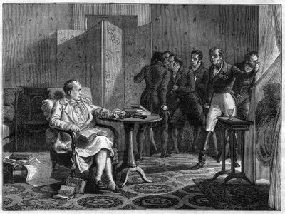 قرر نابليون الأول إلى سانت هيلين (سانت هيلين) في أكتوبر 1818 معارضة الأسلحة في يده ضد محاولة هدسون لوي ، الجنرال البريطاني ، لفرض الباب - في "تاريخ الإمبراطورية بعد تاريخ القنصلية" "لأدولف تيير - 1879 بواسطة المدرسة الفرنسية