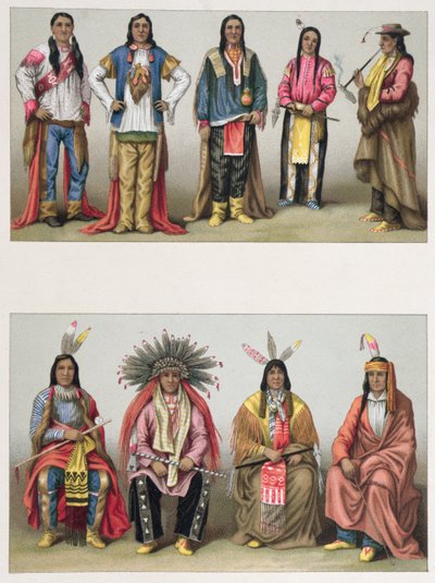 أمريكيون أصليون من حوض الميسيسيبي ومن كولورادو ، رسم توضيحي من Le Costume Historique بواسطة A. Racinet ، نُشر في باريس عام 1888 بواسطة المدرسة الفرنسية