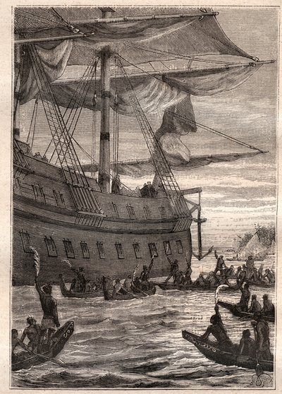 كان السكان الأصليون يحملون أغصان أشجار الموز في أيديهم: رحلة صموئيل واليس (1728-1795) إلى بولينيزيا - السكان الأصليون يحملون أغصان الموز كتحية ترحيب - رسم توضيحي مأخوذ من "البحارة العظماء في القرن الثامن عشر" بواسطة المدرسة الفرنسية