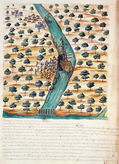مواطنون يهاجمون السفن الفرنسية على نهر تافوي ، من حساب اليسوعيين في سيام ، 1688 (مرحاض على الورق) بواسطة المدرسة الفرنسية