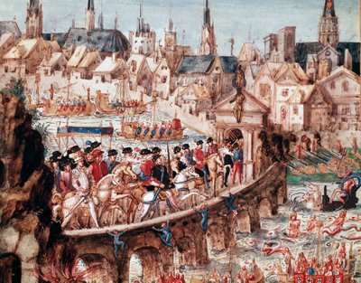 Nautical shows organized by the city of Rouen on the occasion of the royal entrance of King Henry II (1519-1559) and Catherine de Medicis (Caterina de Medici) (1519-1589) on 1/10/1550 Horsemen crossing the Seine on the bridge Saint Ouen (St Ouen bridge in  بواسطة المدرسة الفرنسية