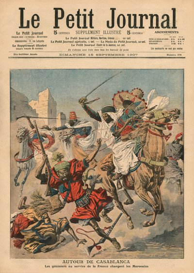 بالقرب من الدار البيضاء ، الغوميون يتقاضون المغاربة ، رسم توضيحي من "Le Petit Journal" ، ملحق Illustre ، 15 سبتمبر 1907 بواسطة المدرسة الفرنسية