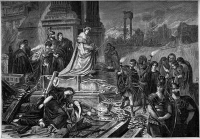 نيرون بعد حريق روما عام 64. نقش بعد اللوحة لكارل ثيودور فون بيلوتي (1826-1886). في "" Le Monde Illustré "" رقم 283 بتاريخ 13 سبتمبر 1862. بواسطة المدرسة الفرنسية