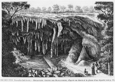 كاليدونيا الجديدة ، جزيرة الصنوبر ، Kouaouete ، مغارة Manguemene ، رسم توضيحي من نشرة Les Missions Catholiques ، بعد رسم قلم وحبر للمبعدين ، 1893 بواسطة المدرسة الفرنسية