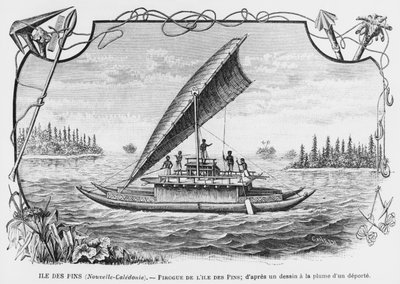 كاليدونيا الجديدة ، pirogue Isle of Pines ، بعد رسم وقلم حبر لمُرحل ، توضيح من نشرة Les Missions Catholiques ، 1893 بواسطة المدرسة الفرنسية