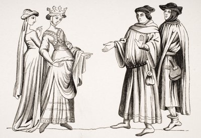 سيدة نبيلة وخادمة الشرف واثنين من البرجيز ، بعد مصغر في "Merveilles du Monde" ، من "Le Moyen Age et La Renaissance" بواسطة Paul Lacroix (1806-84) نشر عام 1847 بواسطة المدرسة الفرنسية