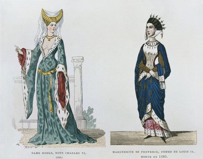 امرأة نبيلة في عهد تشارلز السادس ، مارغريت دي بروفانس ، زوجة لويس التاسع ، توفيت في عام 1285 ، من الأزياء المدنية والعسكرية للفرنسيين عبر القرون بواسطة المدرسة الفرنسية
