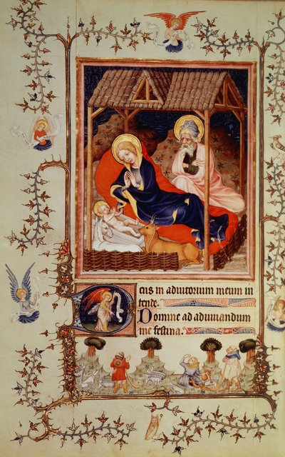Nouv Lat 3093 f.42 ميلاد وزيارة الرعاة ، من Duc de Berry&39;s Tres Belle Heures ، بدأ في عام 1382 بواسطة المدرسة الفرنسية