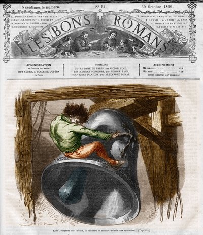 سلسلة رواية: "نوتردام دي باريس" لفيكتور هوغو (1802-1885). Quasimodo على برج الجرس. نقش في "" Les bons romances "" بواسطة المدرسة الفرنسية