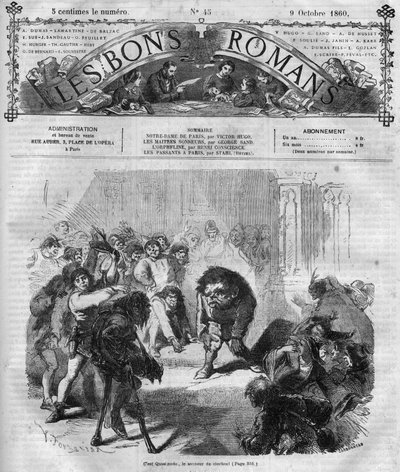 سلسلة رواية: "نوتردام دي باريس" لفيكتور هوغو (1802-1885). خافت الحشود وضحكت أمام Quasimodo ، جرس الأجراس. نقش في "" Les bons romances "" بواسطة المدرسة الفرنسية
