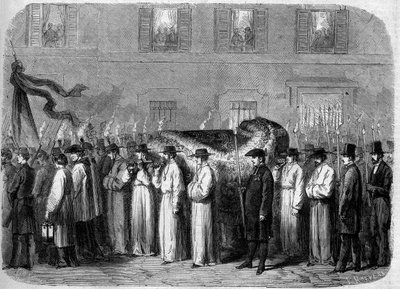 مقتطفات من جان بابتيست (جيوفاني باتيستا) نيكوليني (1782-1861) ، 21 سبتمبر 1861: قافلة جنازة تحمل رفات الشاعر الإيطالي في شوارع فلورنسا (فلورنسا) بإيطاليا. نقش في "" Le Monde Illustré "رقم 234 بتاريخ 5 أكتوبر بواسطة المدرسة الفرنسية