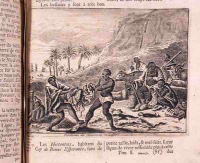 Oeconomy of the Hottentots or Caffers ، من كتاب يوهان ألبرت ماندلسو "الرحلات المشهورة والرائعة المصنوعة من بلاد فارس إلى جزر الهند الشرقية" ، ترجمة أ. دي ويكفورت ، أمستردام بواسطة المدرسة الفرنسية