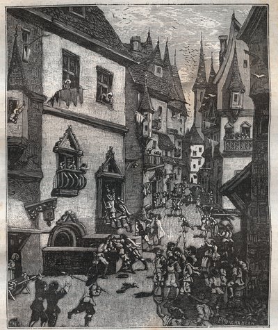 On 20 May 1636 eight counterfeiters were arrested in rue Champfleuri by two police commissioners accompanied by a dozen sergeants - in “Paris a travers les siecles”” by Nicolas Jules Henri Gourdon de Genouillac (1826-1898) بواسطة المدرسة الفرنسية