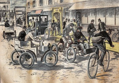 في 5 أكتوبر 1899 ، ترأس وكيل وزارة الخارجية في مكتب البريد ليون موجو (1857-1928) الاختبارات الأولى للدراجات والسيارات المختلفة ، من أجل رفع البريد ، في مكتب البريد المركزي للدائرة الثانية عشرة في باريس . نقش في "" Le P بواسطة المدرسة الفرنسية