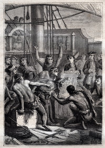 كانت المرآة فقط هي التي حصلت على الموهبة لإثارة دهشتهم: رحلة صموئيل واليس (1728-1795) في بولينيزيا - إنديجينيس إيتون بواسطة مرآة - رسم توضيحي مأخوذ من "البحارة العظماء في القرن الثامن عشر" بواسطة المدرسة الفرنسية