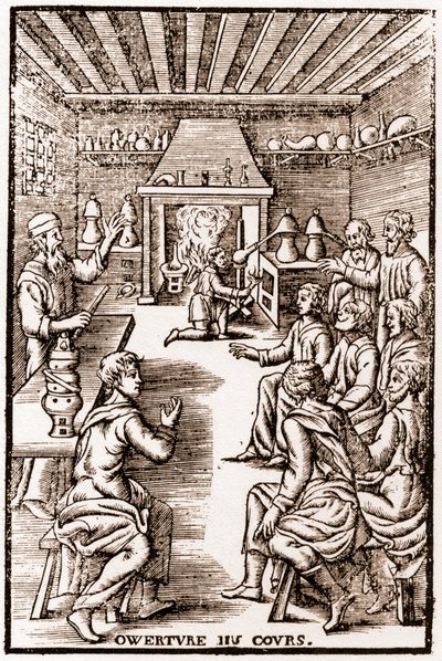 افتتاح دورة الكيمياء التحويلية - نقش 1653 في "" LE VRAY ET METHOD COURSES DE PHYSICS RESOLUTIVE "لأنيبال بارليت بواسطة المدرسة الفرنسية