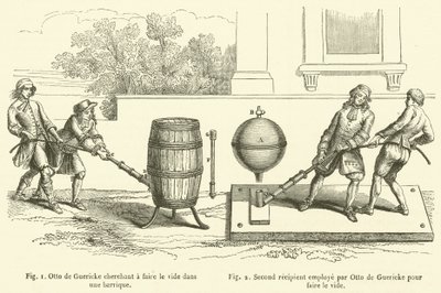 يحاول Otto de Guericke إنشاء فراغ في برميل ، ويستخدم المستلم الثاني بواسطة Otto de Guericke لإنشاء الفراغ (نقش) بواسطة المدرسة الفرنسية
