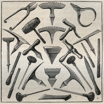 أدوات الجولف. نقش من عام 1885 في "" Les Arts et metiers Illustres "" لأدولف بيتارد. بواسطة المدرسة الفرنسية