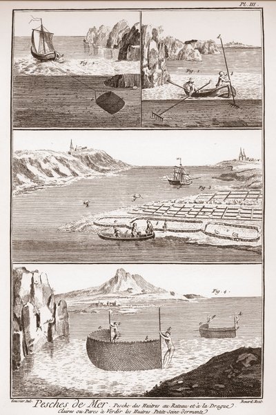 صيد المحار - "The Great Encyclopedie، ou Dictionnaire Raisonne des Sciences، des Arts et des Metiers" (موسوعة أو قاموس العلوم والفنون والمهن) بقلم دينيس ديدرو (1713-1784) وجان دالمبيرت (1717-1783) . بواسطة المدرسة الفرنسية