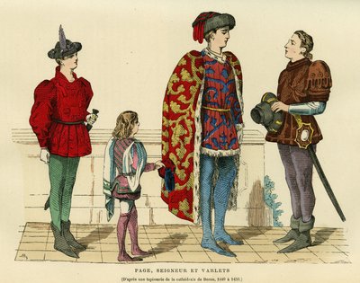 Page costumes, lord and varlet in the 15th century,. Engraving in colours after a tapestry of the cathedrale of Bern 1440-1450, in “France et les francais a travers les centuries” by Augustin Challamel, F.Roy editor, Paris 1882. Selva Collection. بواسطة المدرسة الفرنسية
