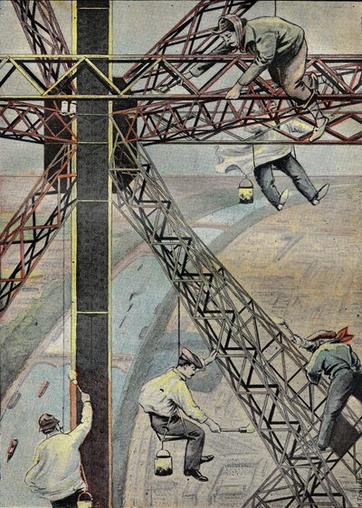 الرسامون أثناء العمل ، معلقون على ارتفاع 200 متر فوق باريس ، لطلاء برج إيفل عام 1899. نقش في "" Le Pelerin "" 16/07/1899. بواسطة المدرسة الفرنسية