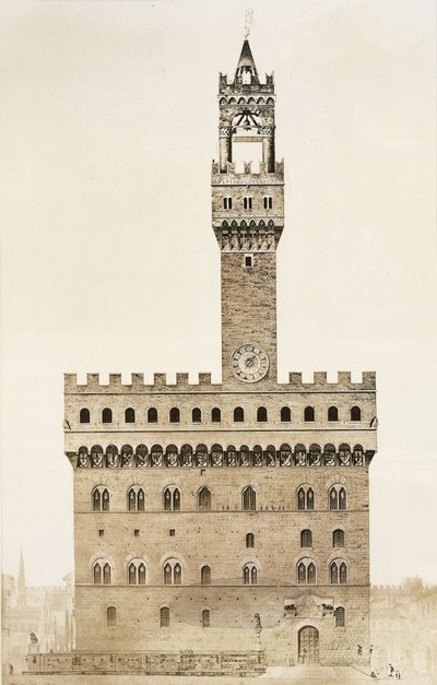 Palazzo Vecchio ، أو Palazzo della Signoria ، فلورنسا ، من أجزاء من الهندسة المعمارية Moyen Age et de la Renaissance ، محفورة بواسطة Jules Adolphe Chauvet (م 1828) بواسطة المدرسة الفرنسية