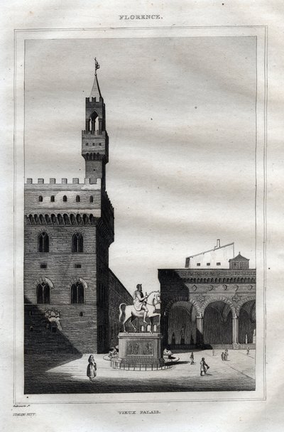 Palazzo vecchio in Florence - Piazza della Signoria - نقش من "" إيطاليا الخلابة "- رسم تاريخي ووصفي لإيطاليا" بواسطة M. de Norvins، Ch. نودير 1834-1836. بواسطة المدرسة الفرنسية