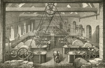 صنع الورق: تبييض عجينة الورق. نقش c1870. بواسطة المدرسة الفرنسية