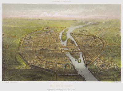 Paris Sous Francois 1er ، منظر من منظور عين الطير من المخططات والرسومات القديمة (لون ليثو) بواسطة المدرسة الفرنسية