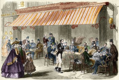 باريس في القرن التاسع عشر. شارع الإيطاليين عام 1859: خارج مقهى هيلدر الساعة الخامسة مساءً. بواسطة المدرسة الفرنسية