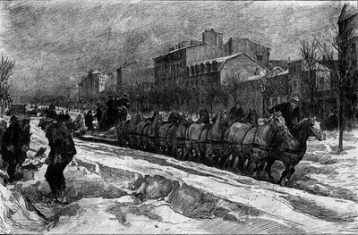 باريس تحت الجليد ، شتاء 1879-1880: محراث الجليد (مطاردة الثلج) في Boulevard Montparnasse. نقش في "" Le Monde Illustré "" رقم 1188 بتاريخ 3 يناير بواسطة المدرسة الفرنسية