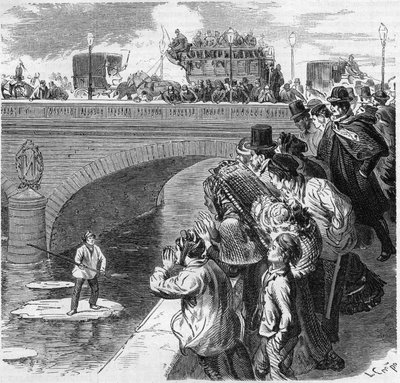 باريس ، شتاء 1870: طفل يتسلق على جليد متجه نحو نهر السين ، من جسر بيرسي إلى جسر باسي. نقش في "" Le Monde Illustré "" رقم 672 بتاريخ 26 فبراير 1870. بواسطة المدرسة الفرنسية
