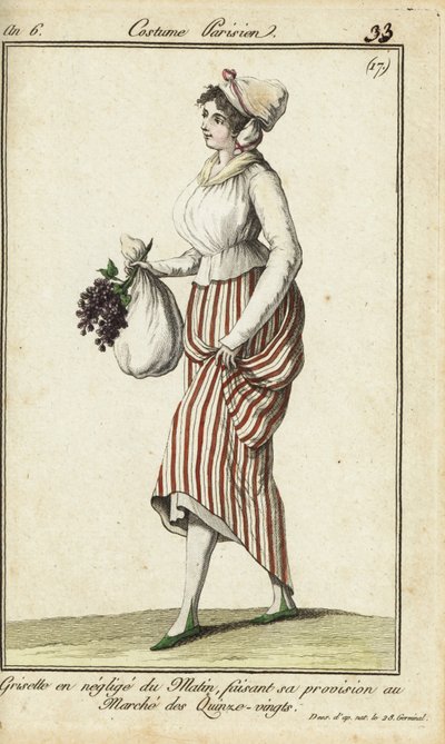 فتاة متجر باريسية في ثوب صباحي غير رسمي ، 26 مارس 1798 (نقش على لوح نحاسي ملون يدويًا) بواسطة المدرسة الفرنسية