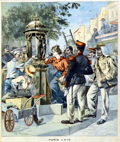 الباريسيون يشربون حول نافورة والاس - في "Le Petit Journal" بتاريخ 19/08/1900 (نقش) بواسطة المدرسة الفرنسية