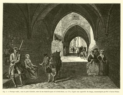 ممر فوتي ، تحت شاتليت الصغيرة ، بين شارع سان جاك و لو بيتيت بونت ، في عام 1770 ، بعد ألوان مائية من الوقت ، تم توصيلها بواسطة م بارون بيشون بواسطة المدرسة الفرنسية