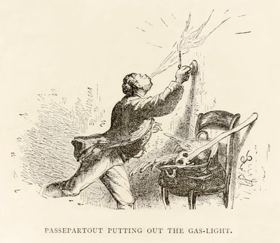 Passepartout يخمد ضوء الغاز ، من "حول العالم في ثمانين يومًا" لجول فيرن (1828-1905) بواسطة المدرسة الفرنسية
