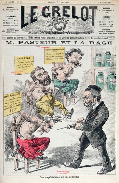 باستور وداء الكلب ، كاريكاتير لتجارب لويس باستور (1822-1895) من لو غريلوت ، 8 نوفمبر 1885 بواسطة المدرسة الفرنسية
