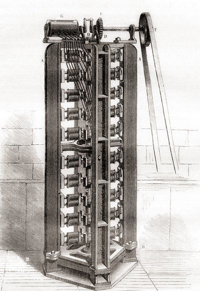 محرك كهربائي عمودي بول غوستاف فرومنت ، حوالي عام 1844 ، من Les Merveilles de la Science ، تم نشره حوالي عام 1870 (نقش) بواسطة المدرسة الفرنسية