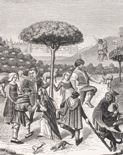 رقصات الفلاحين في أعياد مايو ، بعد صورة مصغرة في كتاب صلاة من القرن الخامس عشر ، من "Le Moyen Age et La Renaissance" بقلم بول لاكروا (1806-1884) نشر عام 1847 بواسطة المدرسة الفرنسية