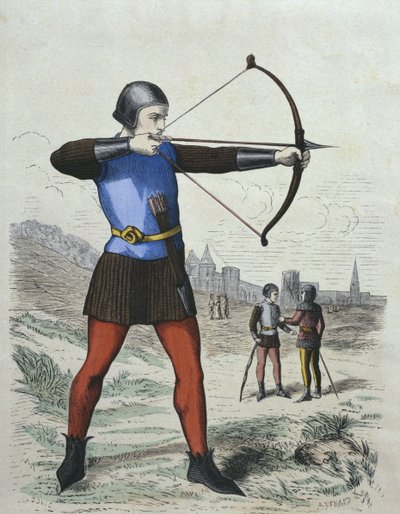 رماة المشاة في القرن الثالث عشر ، رسم توضيحي من Costumes de Paris a travers les siecles بواسطة H. Gourdon de Genouillac ، محفور بواسطة A. Renard (القرن التاسع عشر) (نقش الألوان) بواسطة المدرسة الفرنسية